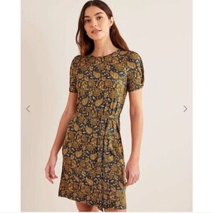 BODEN Knot Detail Jersey Dress Harvest Gold/Paisley Terrace Puff Sleeves Size 4R